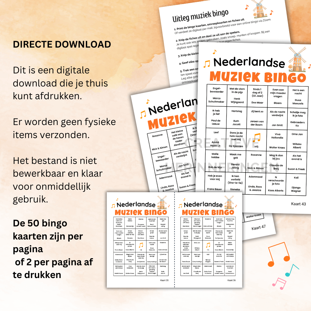 50 unieke bingo kaarten met Nederlandstalige liedjes voor een digitale muziekbingo
