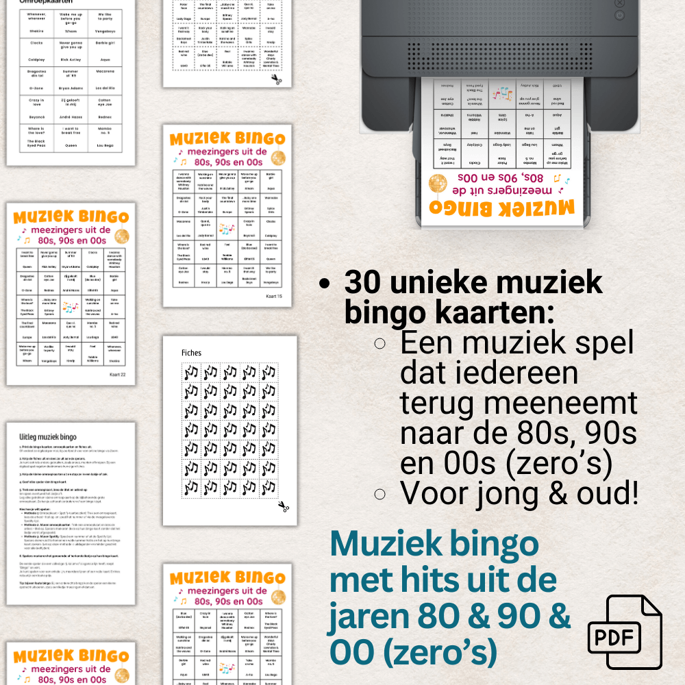 30 unieke muziek bingo kaarten vol meezingers die iedereen kent. Ideaal voor printen en spelen tijdens feestjes of spelletjesavond