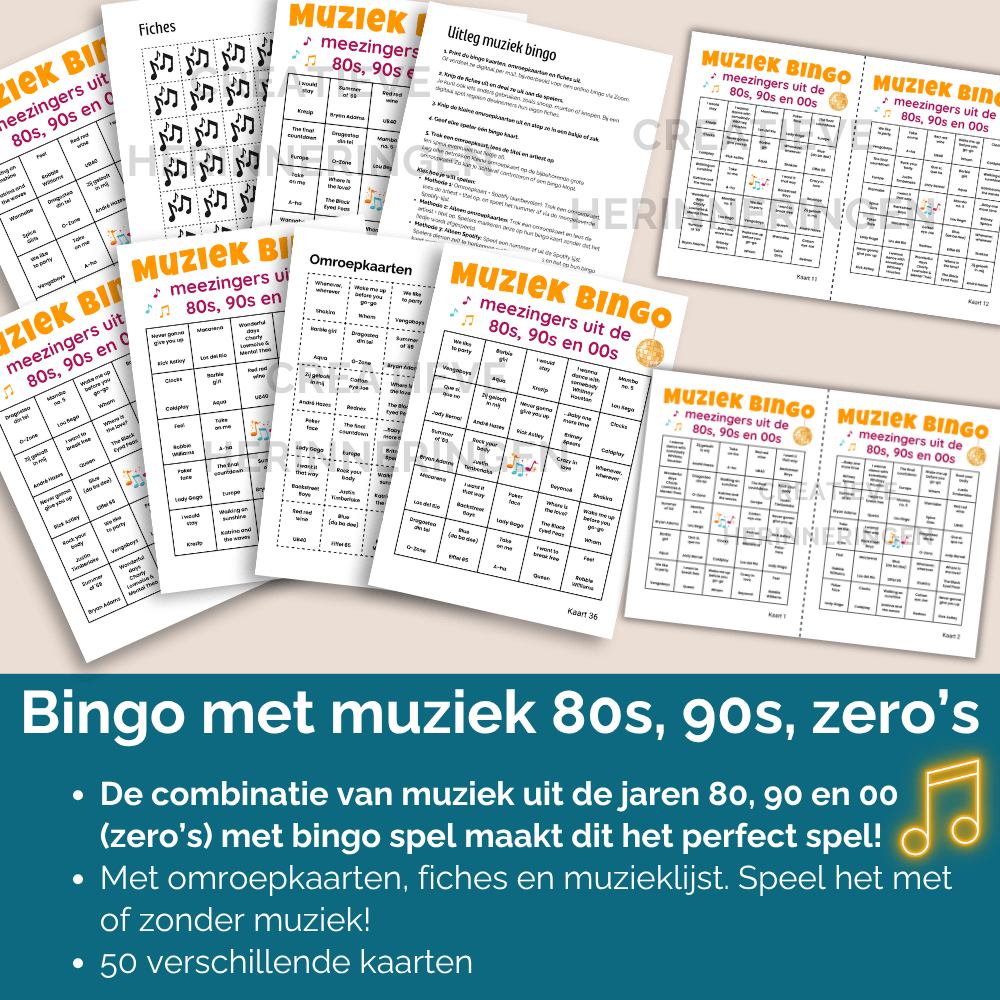Een vrolijk muziekfeest bingo spel dat je speelt met liedjes uit de jaren 80, 90 en zero’s en 50 bijgeleverde spelkaarten.