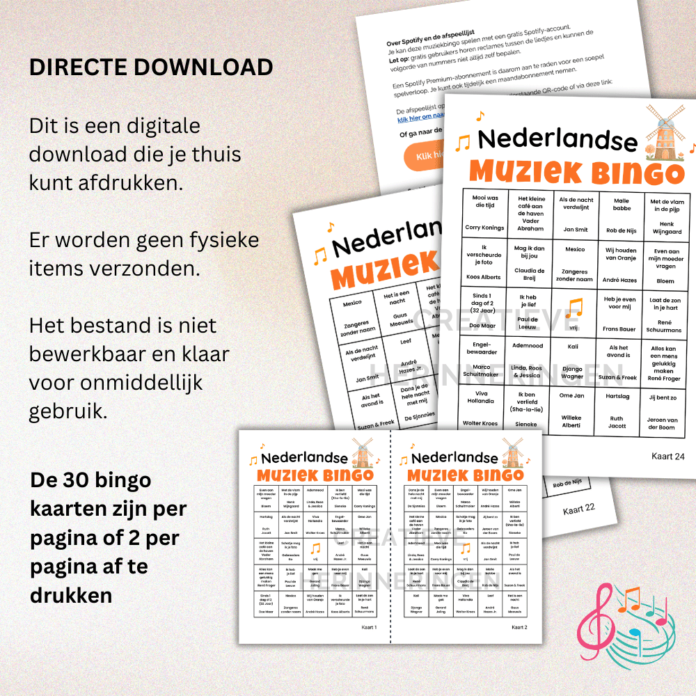 Muziekspel met Nederlandse muziek en complete bingo set voor een spelletjesavond of feestje (30 kaarten)