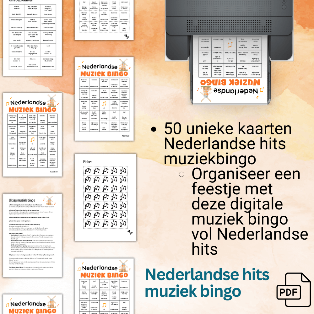 Muziekspel met 50 genummerde bingo kaarten en Nederlandstalige muziek