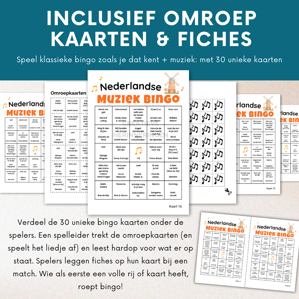 Nederlandstalig muziekspel voor volwassenen en families met 30 verschillende muziekbingo kaarten met Nederlandstalige muziek