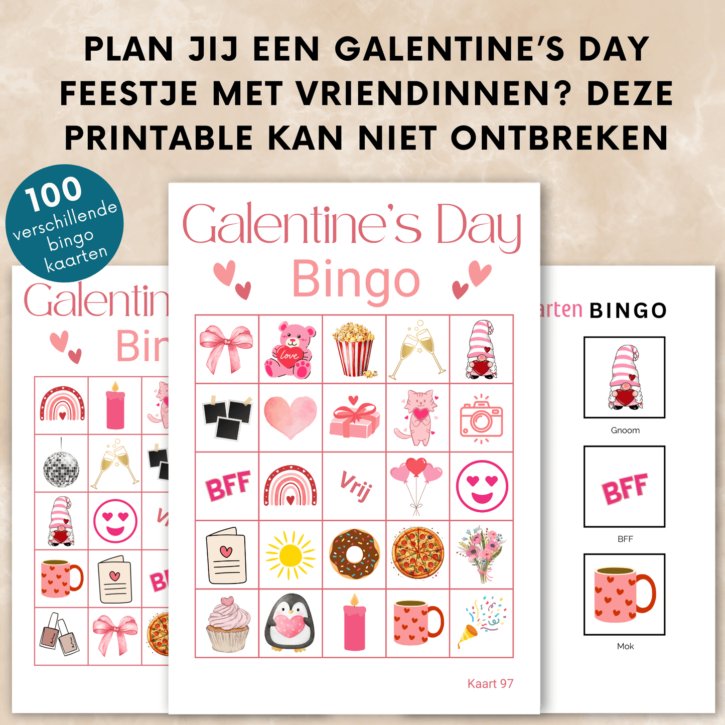 Uit te printen Galentine's Day bingo, direct te downloaden als printable PDF
