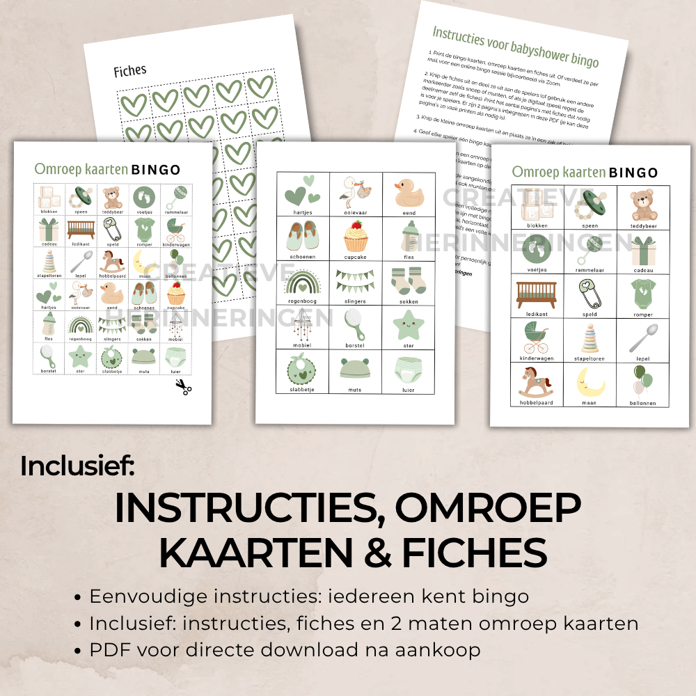 Fris babyshower spel in groen voor familie en vrienden, 30 kaarten om te printen