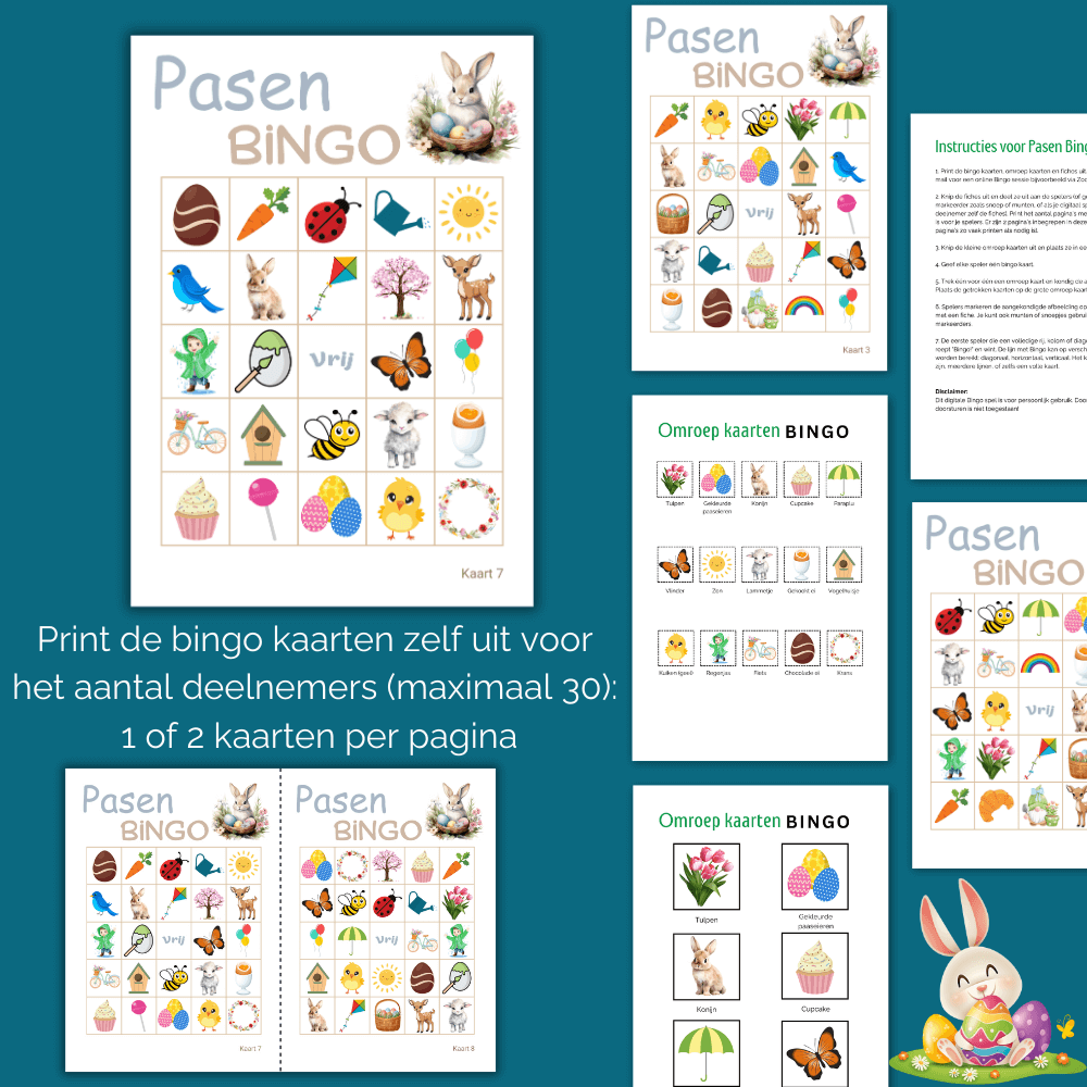 Paas bingo kaarten in een vrolijk Paas thema, ideaal voor de Paasbrunch, 30 kaarten.