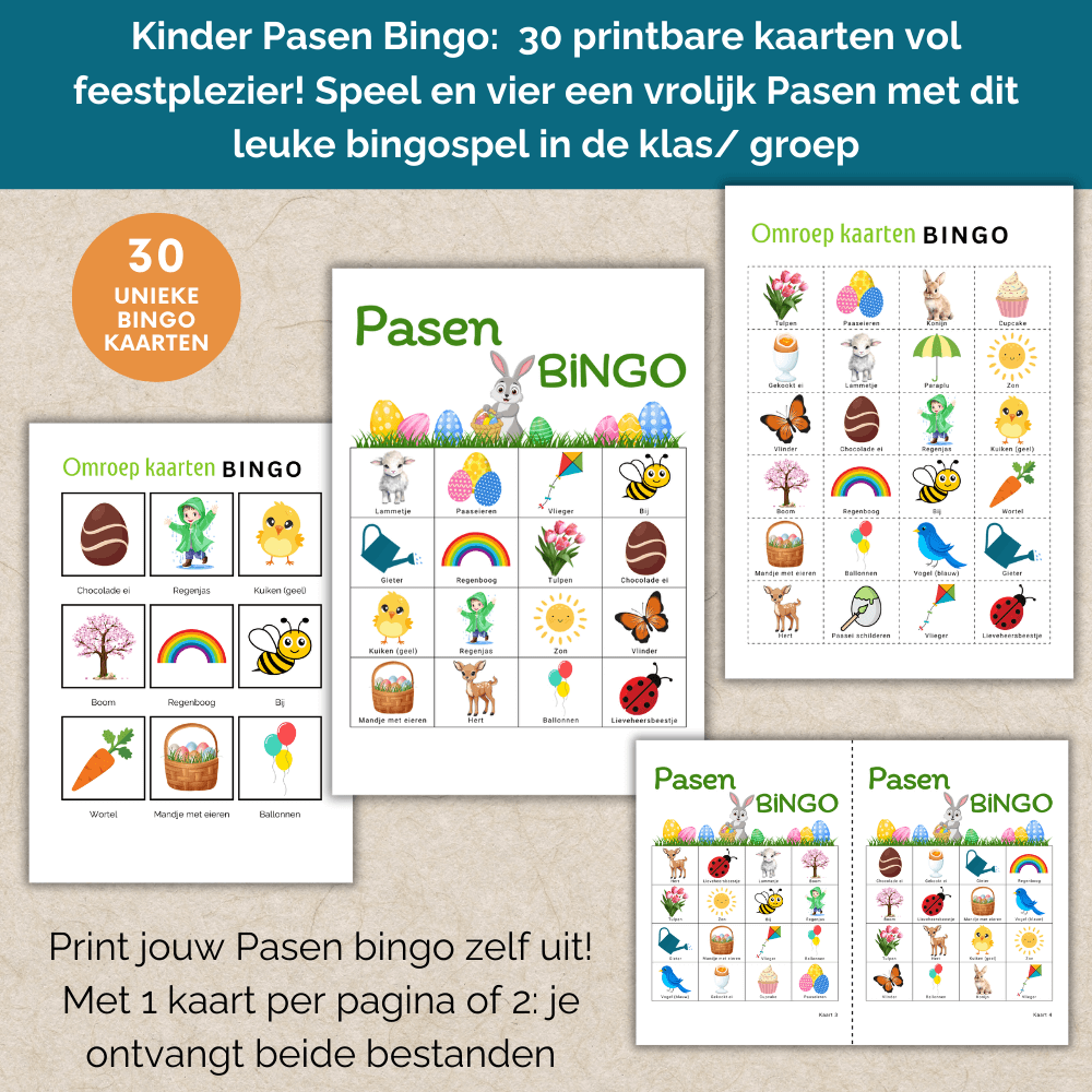 Bingo spelletje voor kinderen voor Pasen – 30 bingo kaarten voor school, kinderopvang en BSO