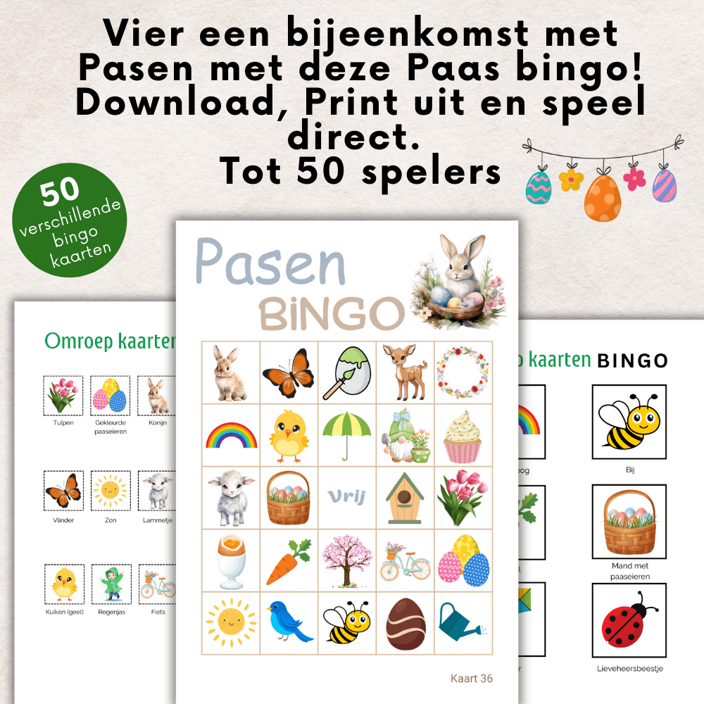 Uit te printen pdf Paasfeest bingo kaarten, ideaal voor een paasbrunch of bijeenkomst.