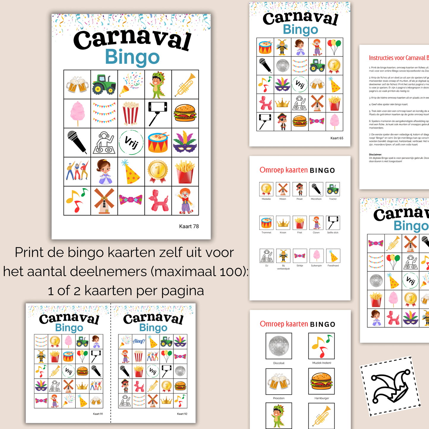 Carnavalsfeest Bingo PDF – perfect voor grote Carnavalsgroepen tot 100 personen