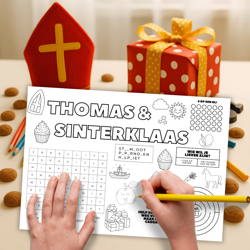 Sinterklaas kleurplaten met naam van je kind, placemat met spelletjes en meer