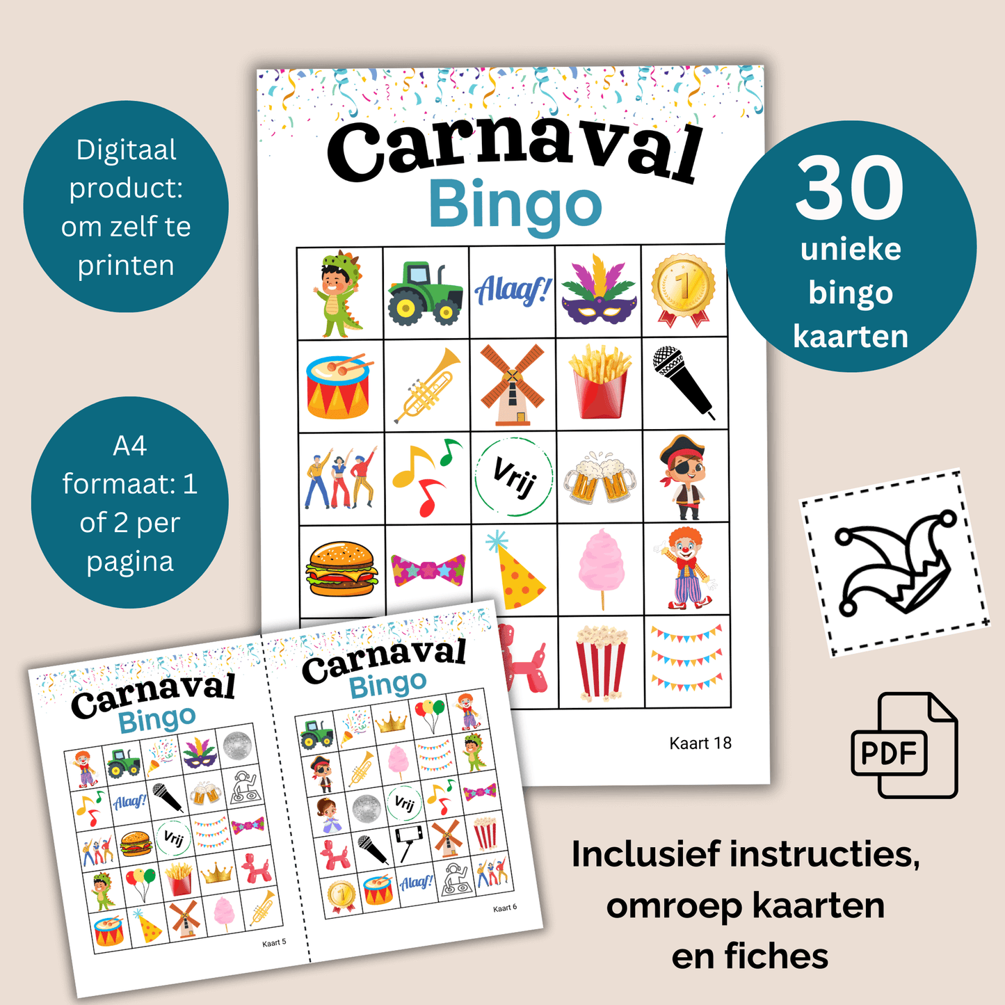 Een leuk spelletje voor tijdens of na Carnaval: speel bingo met 30 unieke bingo kaarten