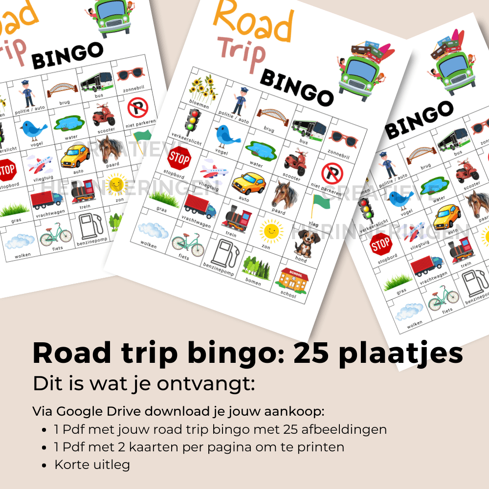Road trip Bingo kaart voor onderweg en vakanties met 25 leuke afbeeldingen om te zoeken