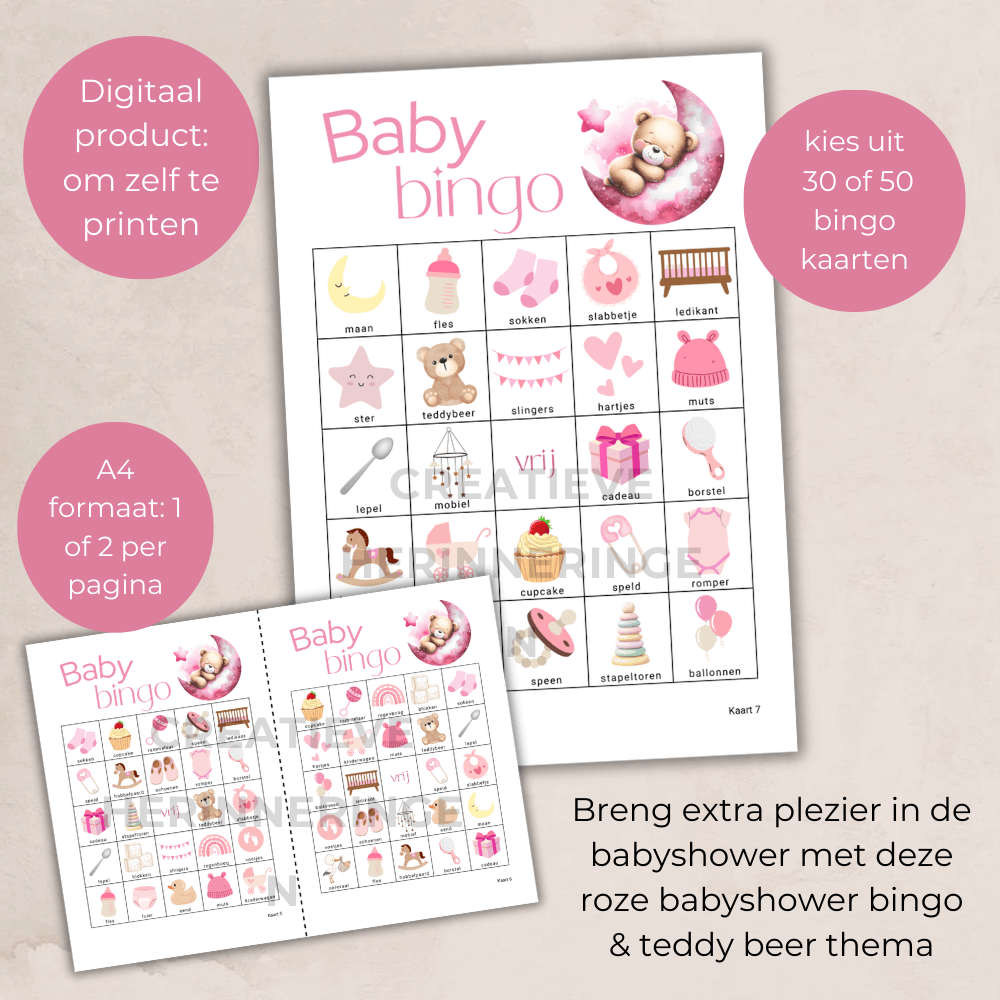 Roze babyshower bingo met teddybeer en maan, uit te printen en feestelijk. 30 of 50 kaarten