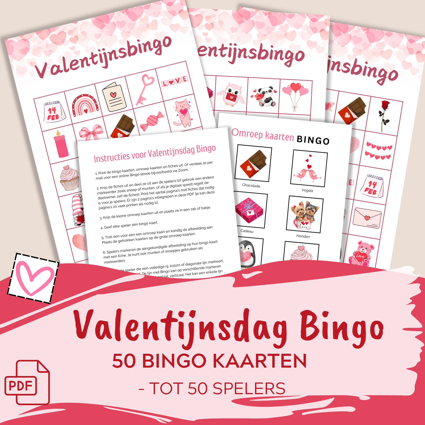 Valentijnsbingo: Activiteit voor ouderen, kinderen, gezinnen, download de printbare PDF voor groepen tot 50 personen