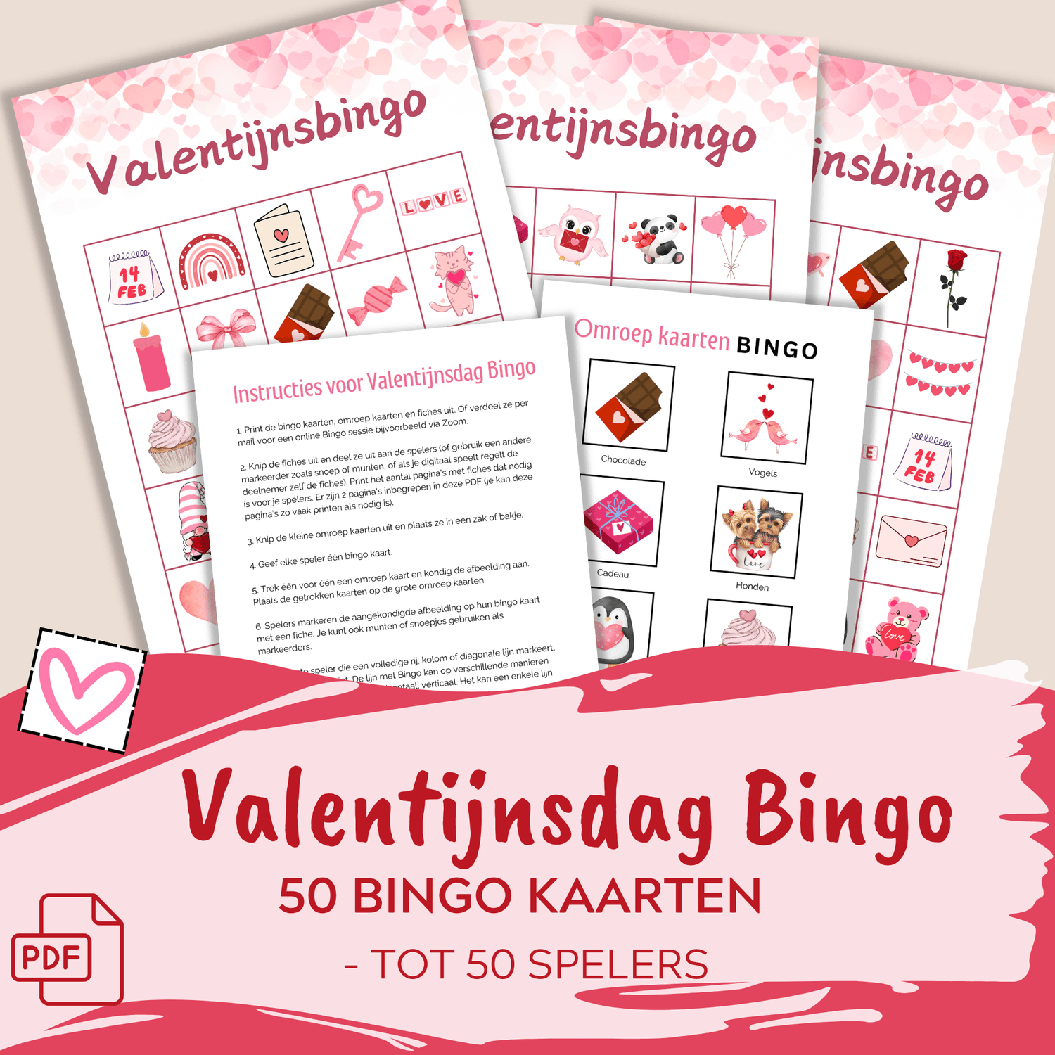 Valentijnsbingo: Activiteit voor ouderen, kinderen, gezinnen, download de printbare PDF voor groepen tot 50 personen