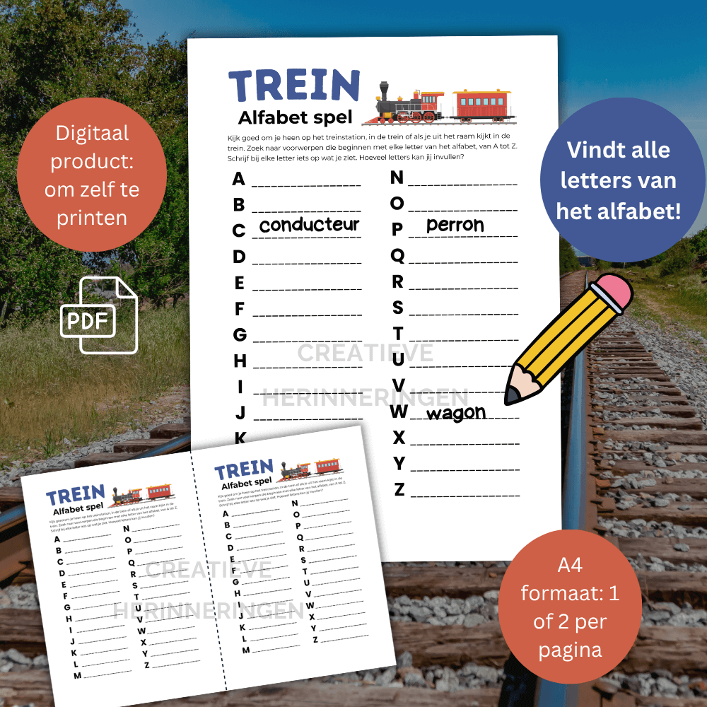 Alfabet trein spelletje waarbij kinderen letters zoeken tijdens treinreis