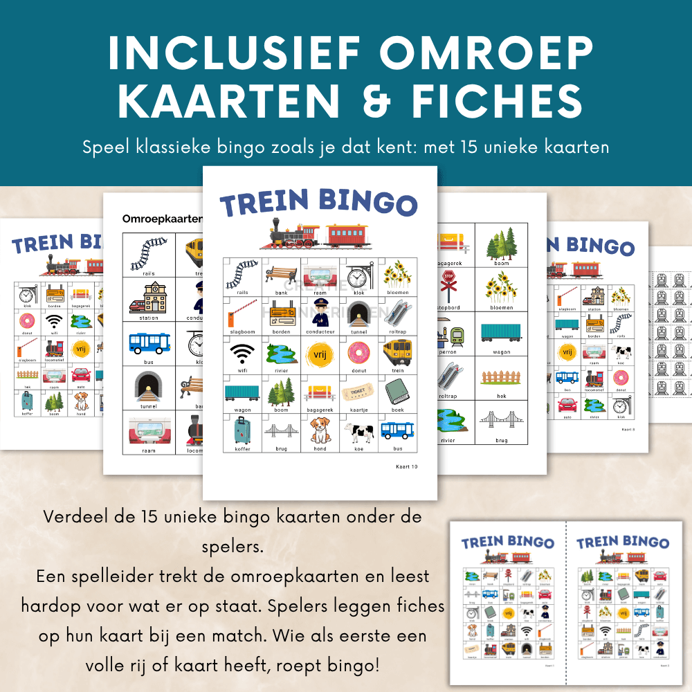 Trein spel voor kinderen met afstreepkaarten en fiches voor onderweg en thuis