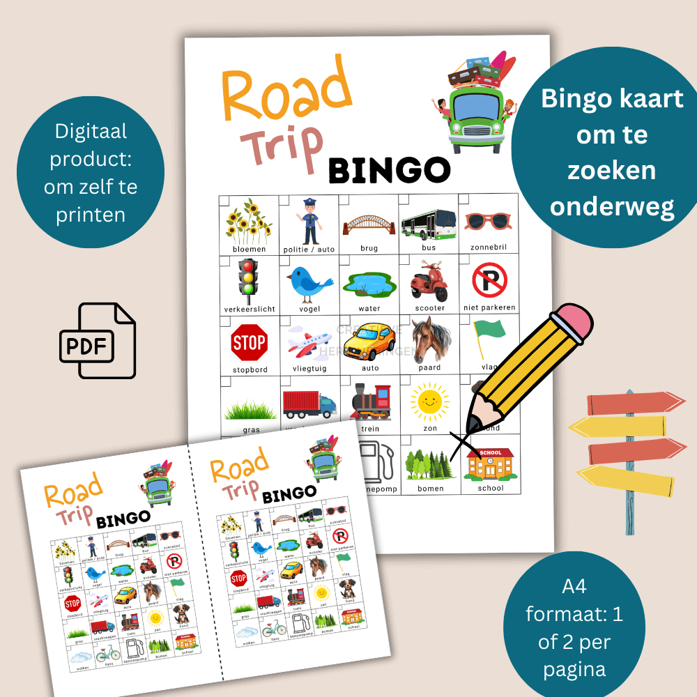 Onderweg zoekspel voor kinderen met een roadtrip bingo kaart