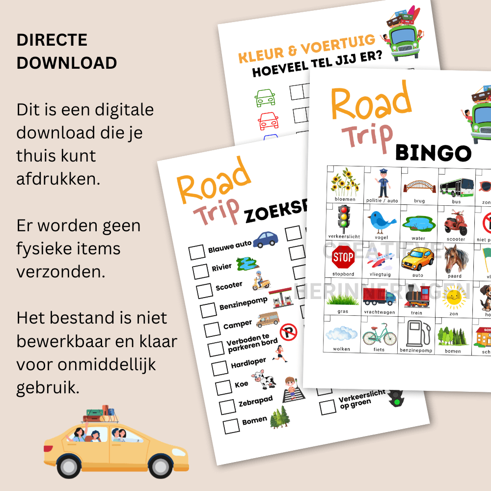 Road trip bingo, speurkaart en voertuigenspel voor kinderen