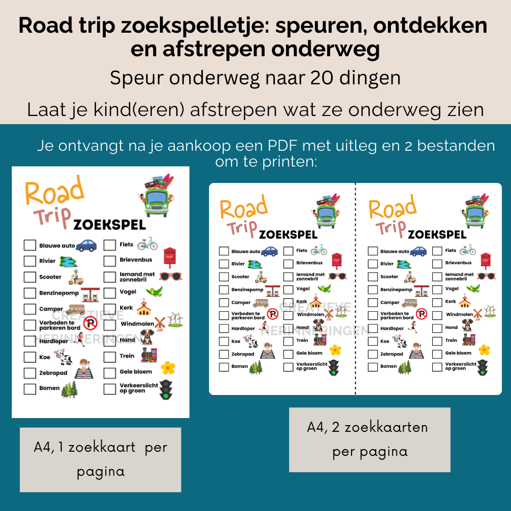 Zoek en speurkaart roadtrip auto: perfect voor kinderen op reis