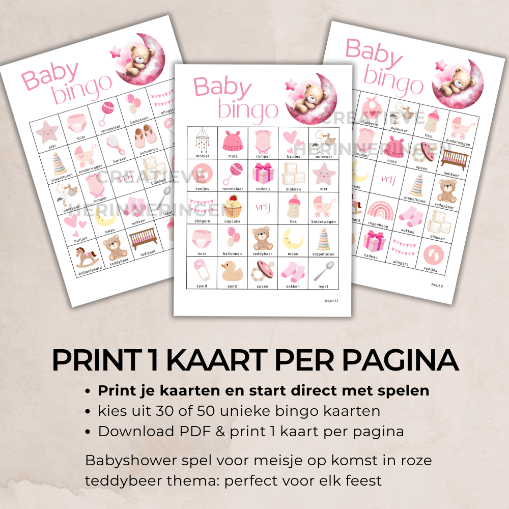 Pluche beer roze babyshower bingo, PDF voor direct printen en spelen – 30 of 50 kaarten