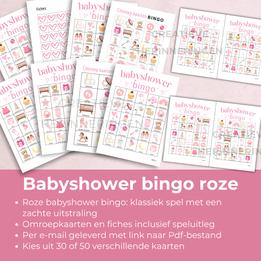 Roze babyshower bingo ontworpen voor een gezellige babyshower met vriendinnen en/of familie