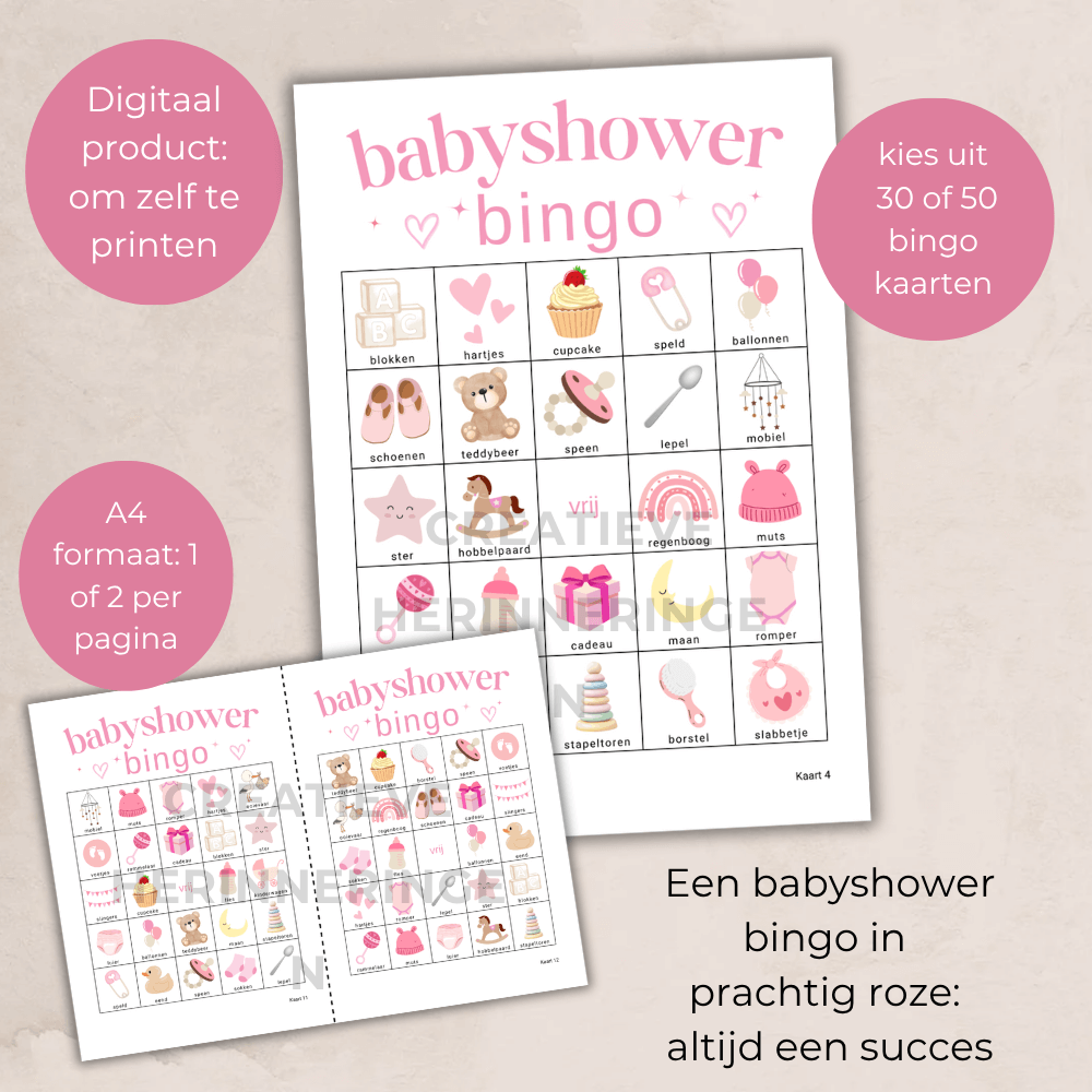 Babyshower bingo PDF in roze stijl om direct te downloaden, 30 kaarten
