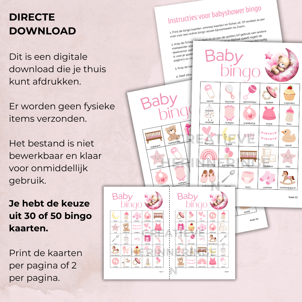 Roze teddybeer babyshower game (bingo) met maan en ster, perfect voor vriendinnengroep en familie