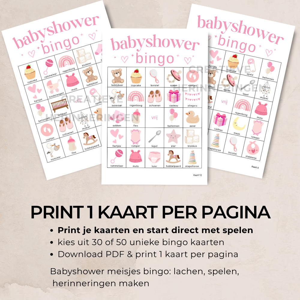 Speel roze babyshower bingo tijdens de babyshower van je beste vriendin (30 of 50 kaarten)