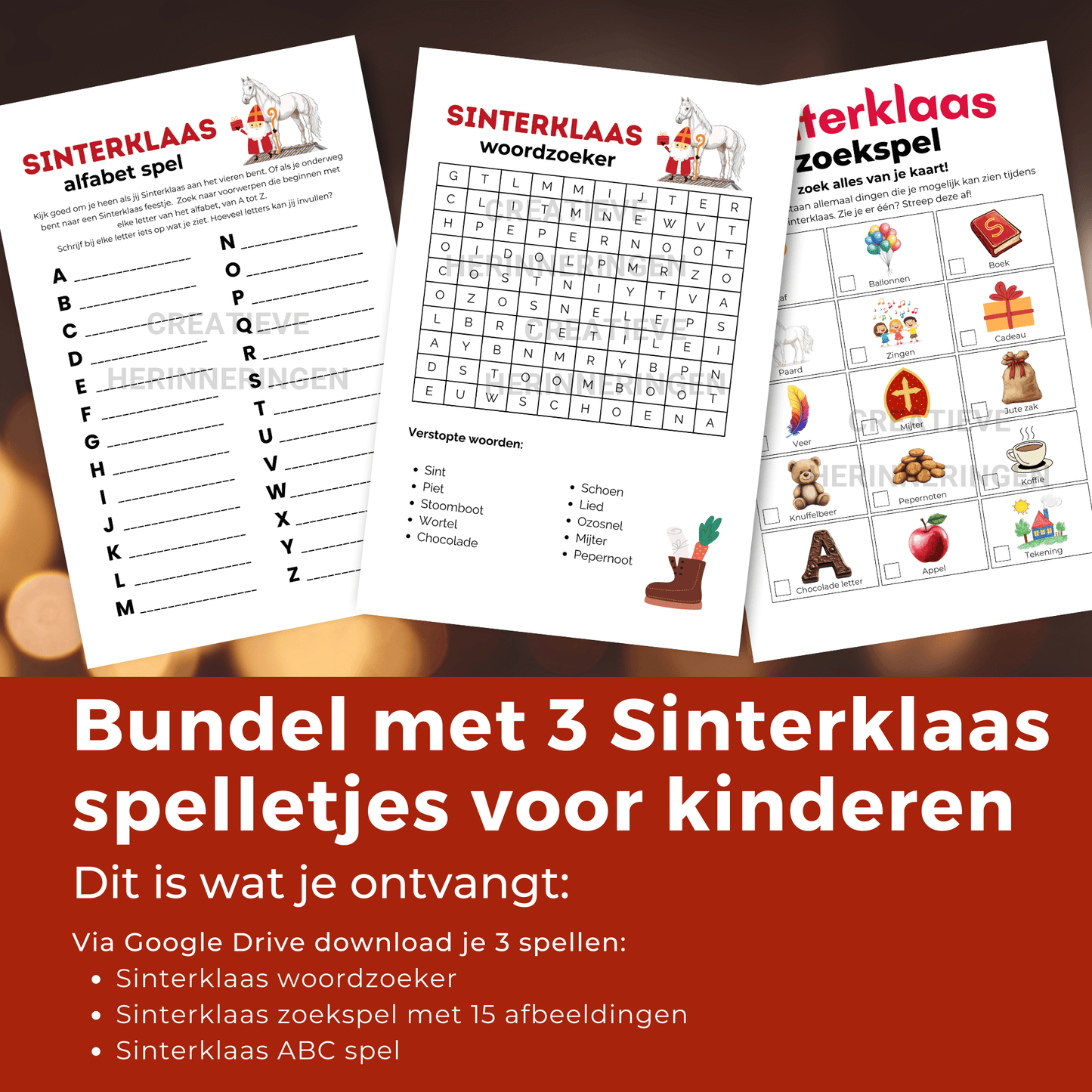 Set van 3 Sinterklaas spellen: woordzoeker, ABC spel en zoekspel