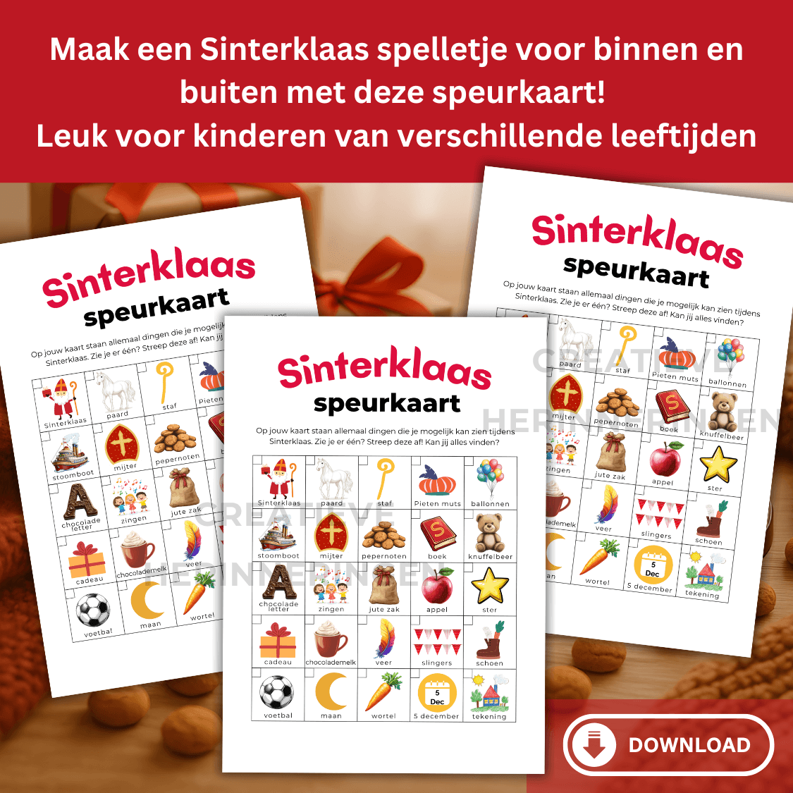 Woordkaart Sinterklaas om plaatjes af te strepen bij zoeken en vinden