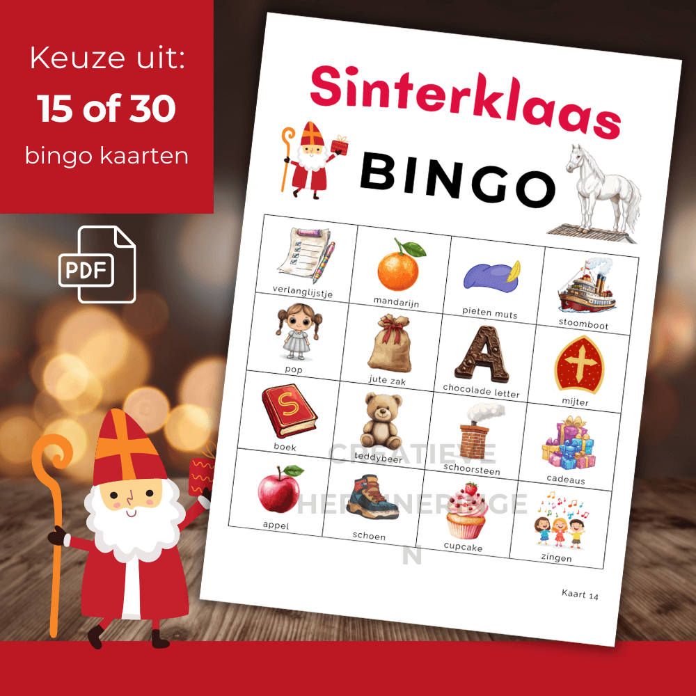 Sinterklaas bingo voor kinderen met kleurrijke 15 of 30 bingokaarten