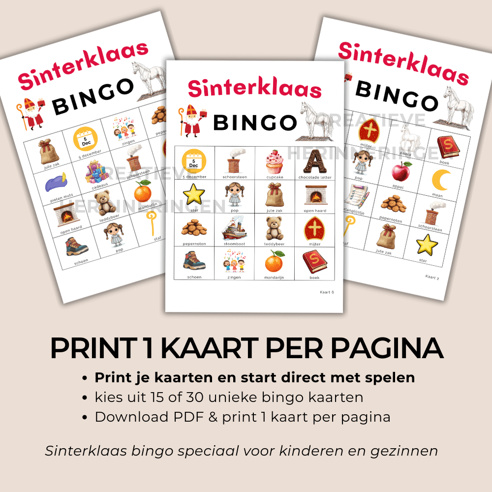 Sinterklaas bingo voor kinderen thuis of in de klas, 15 of 30 kaarten