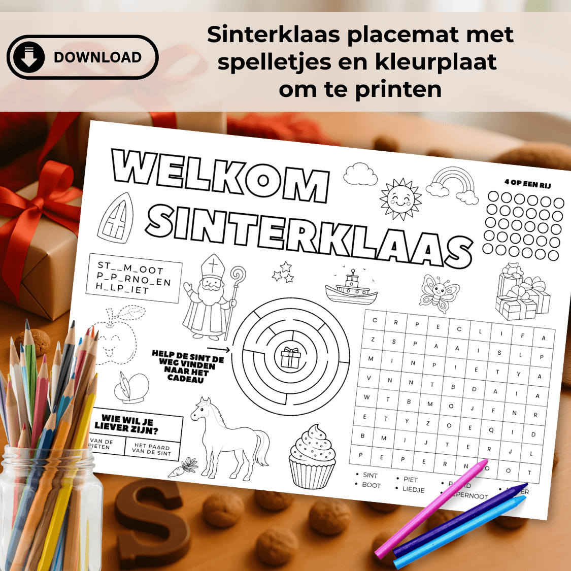 Sinterklaas kleurplaat voor kinderen met activiteiten zoals een doolhof. Pdf om te downloaden en printen