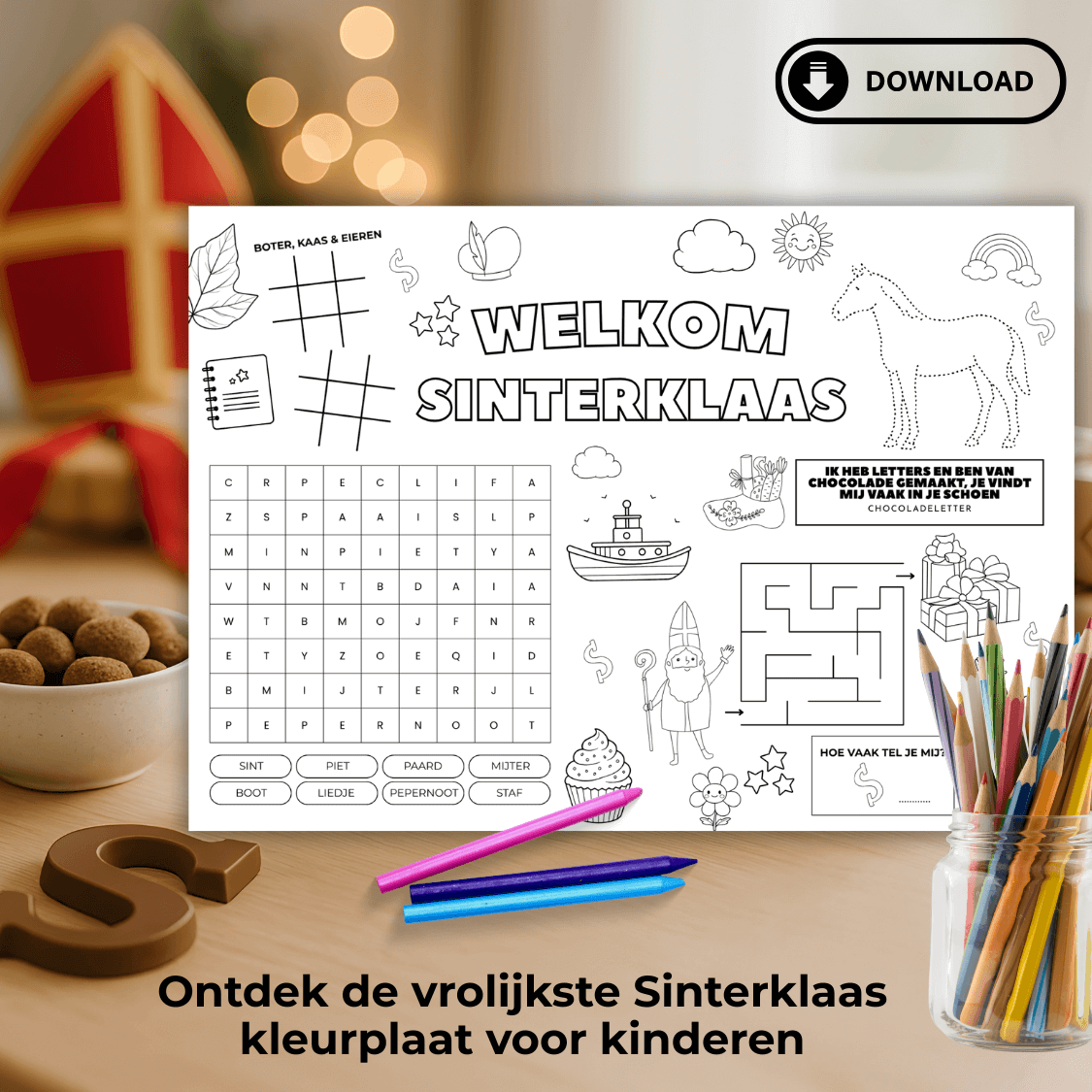 Placemat kleurplaat Sinterklaas met spelletjes en puzzels