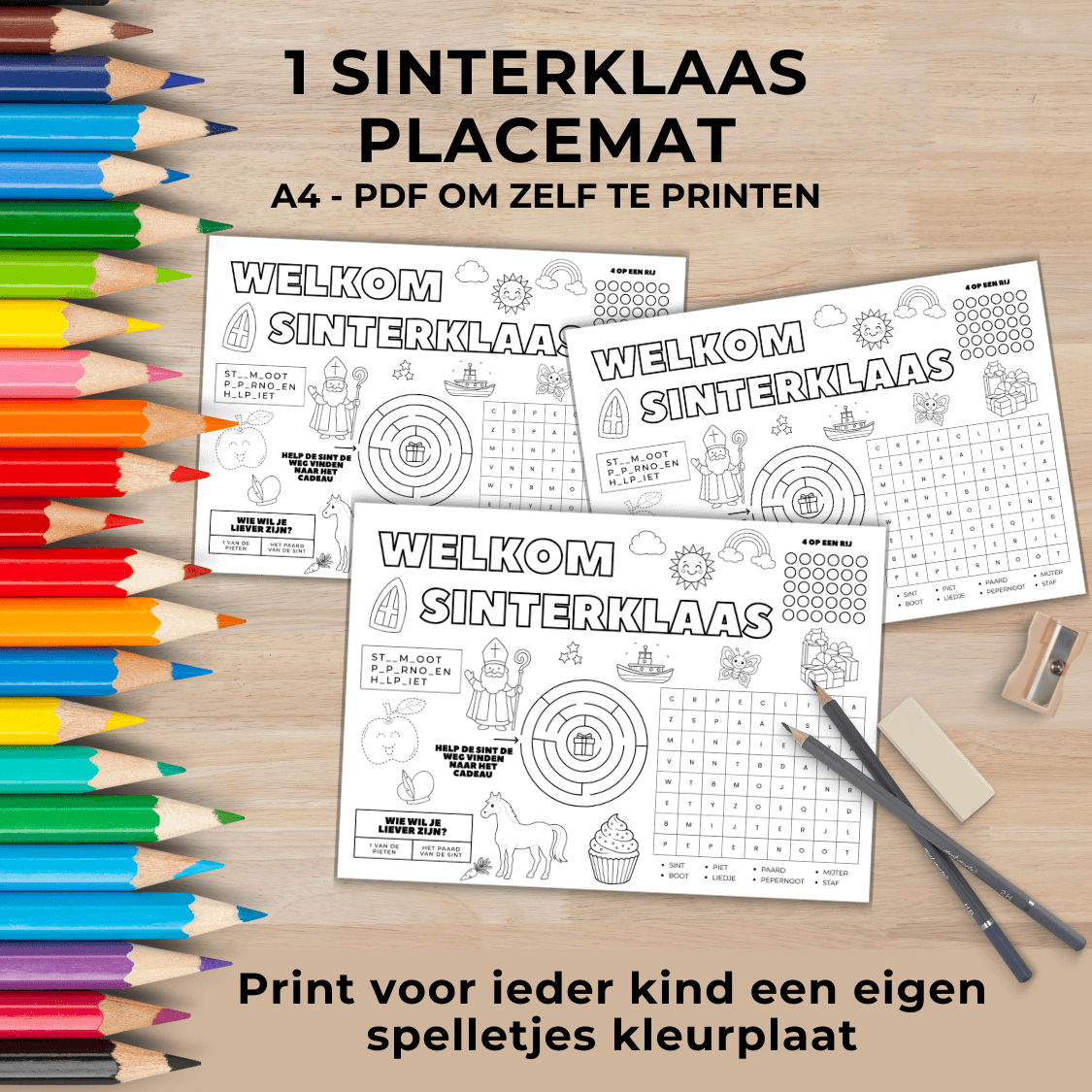 Sinterklaas spelletjes kleurplaat als placemat in A4 formaat om zelf te printen