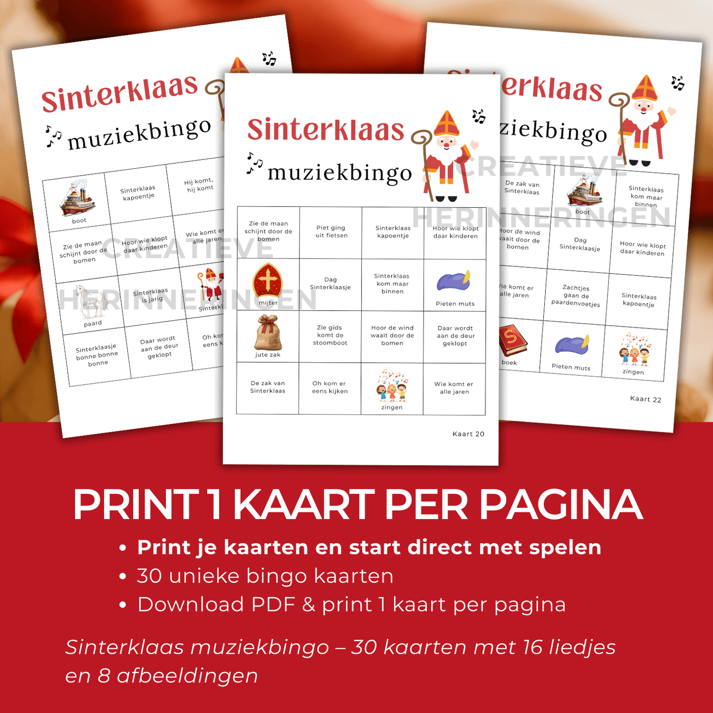 Bingo kaarten voor de Sinterklaas muziekbingo met 30 unieke kaarten