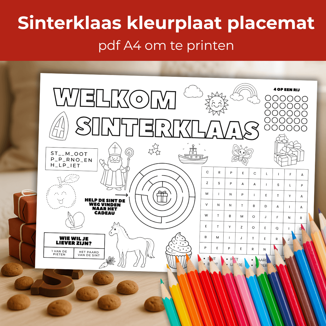 Sinterklaas spelletjes placemat voor kinderen met puzzels en tekeningen