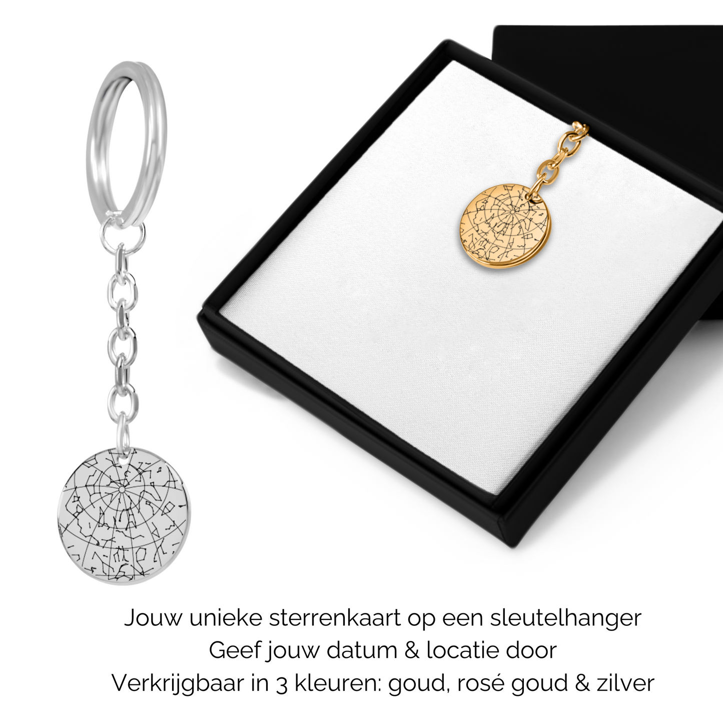 Gepersonaliseerde sleutelhanger met sterrenkaart van sterrenstand op datum en locatie