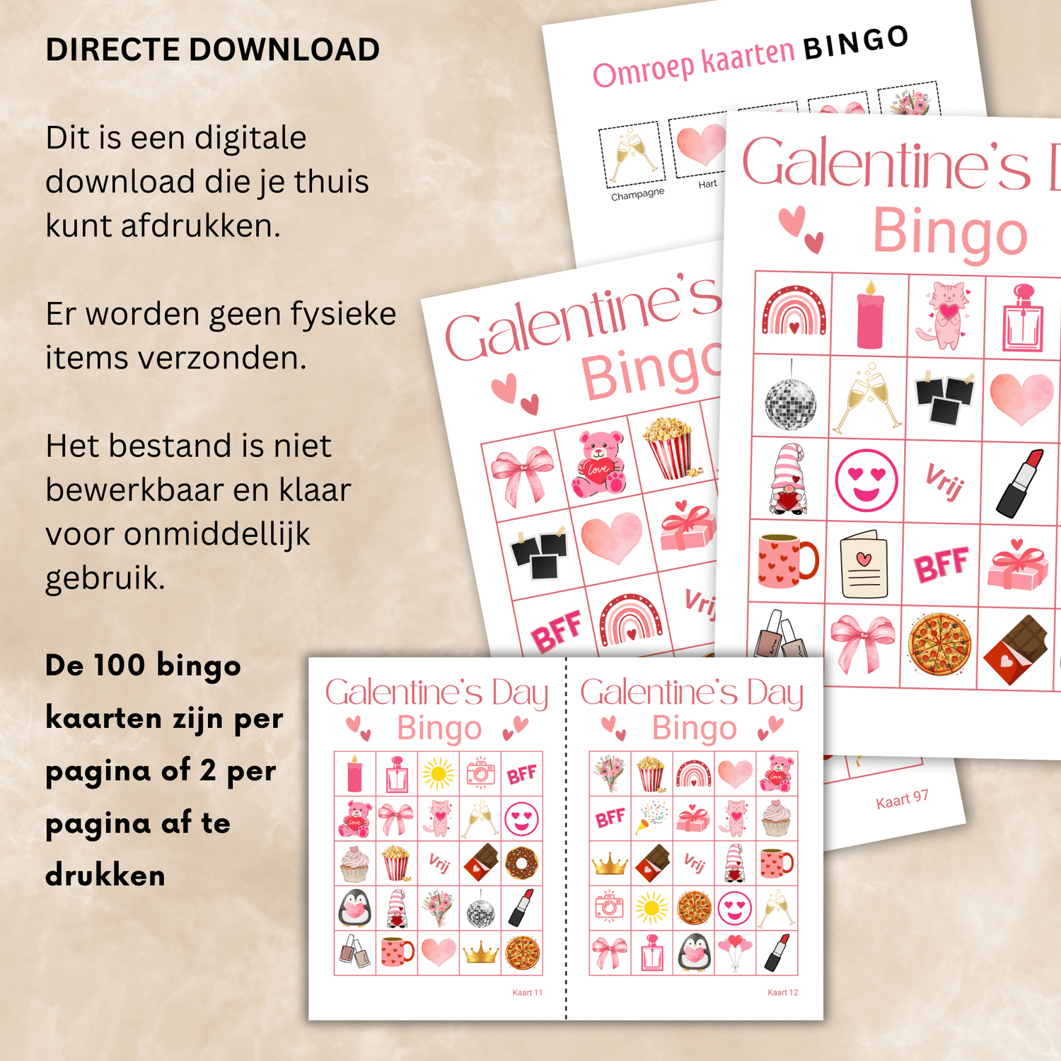 Bingo spel voor Galentine's Day met 100 kaarten (PDF)
