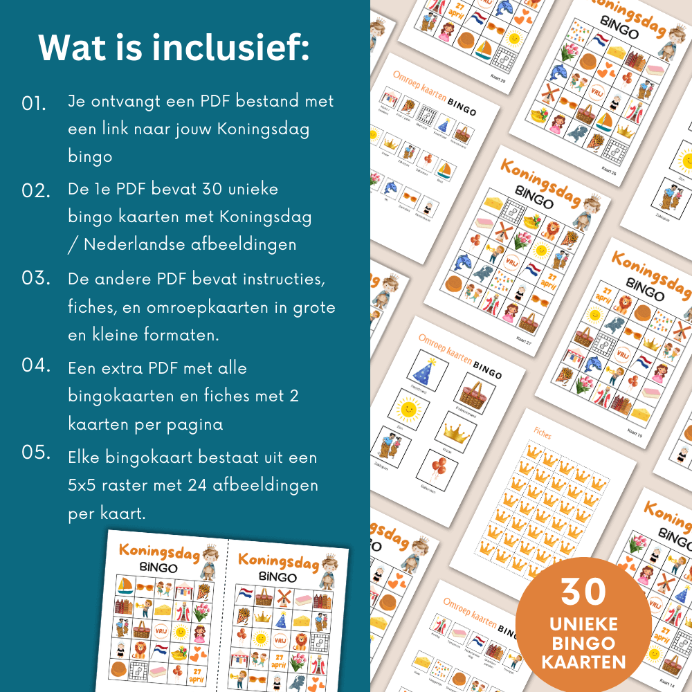 Gezellig Koningsdag Bingo spel om met familie en vrienden te spelen, 30 unieke bingo kaarten.