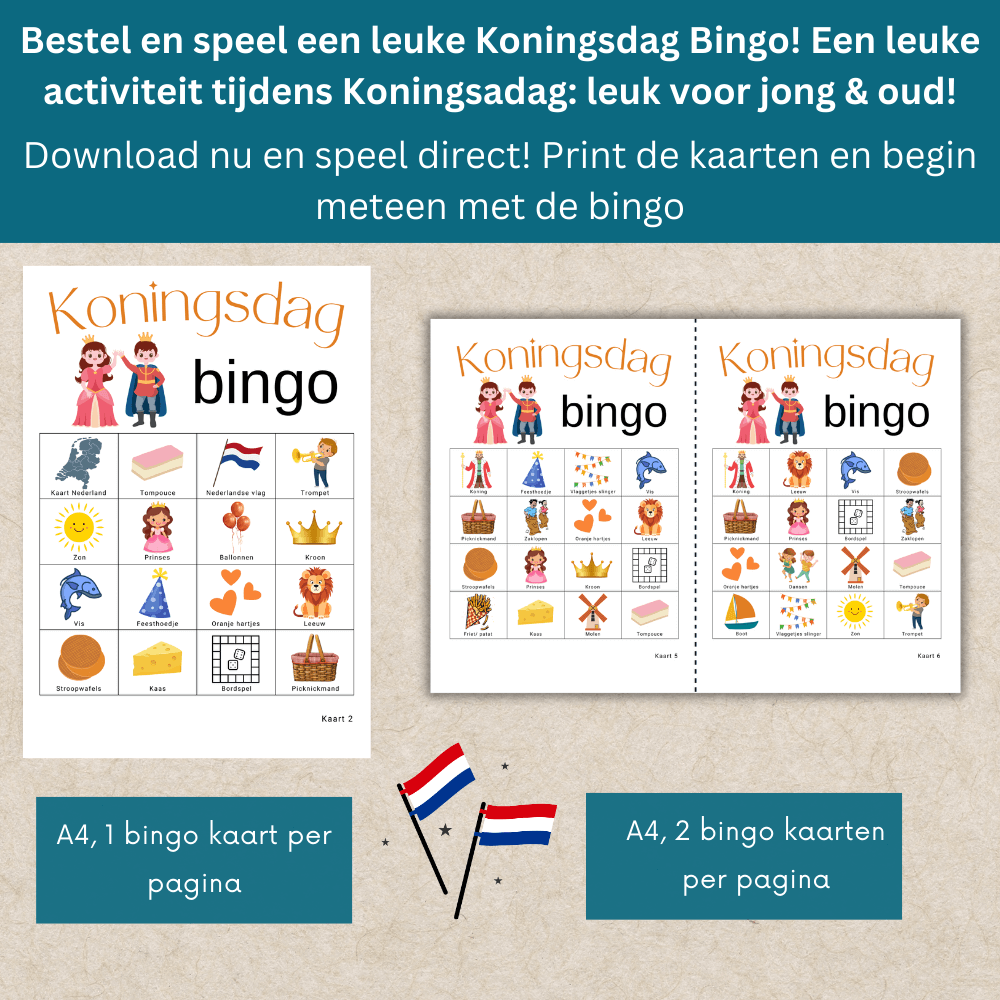 Bingo voor Koningsdag kinderactiviteiten, direct te downloaden en te printen, 15 bingo kaarten.