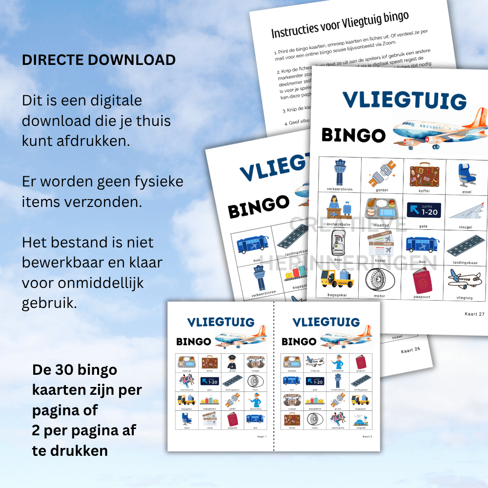 Vrolijk vliegtuigspel voor kinderen met 30 bingo kaarten