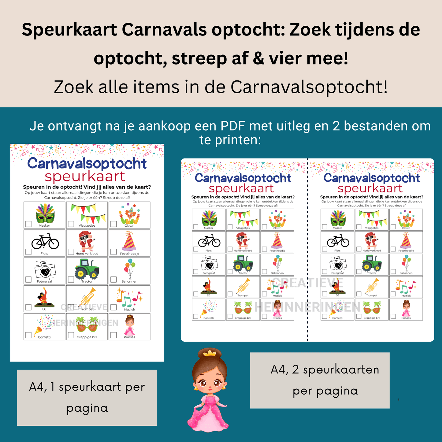 Printbare speurkaart voor kinderen om te speuren tijdens de Carnavalsoptocht. Zoek alles van je kaart en streep af.