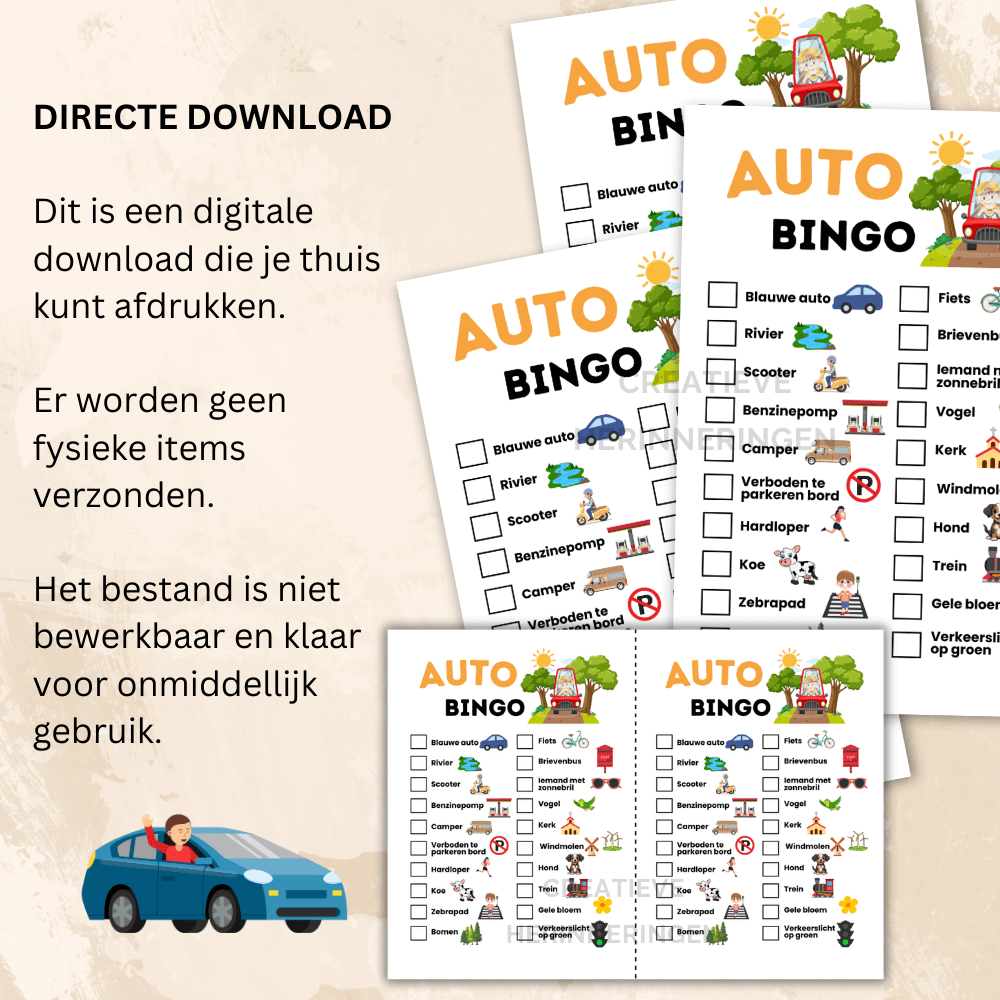 Een auto spelletje als kijk, zoek en afstreep spel dat kinderen onderweg actief houdt en interactie stimuleert
