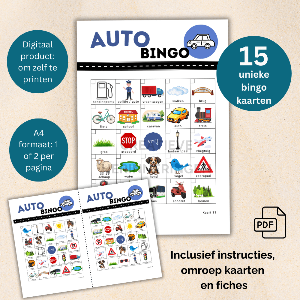 Autobingo kaarten met leuke afbeeldingen en afstreepvakjes voor onderweg, 15 kaarten