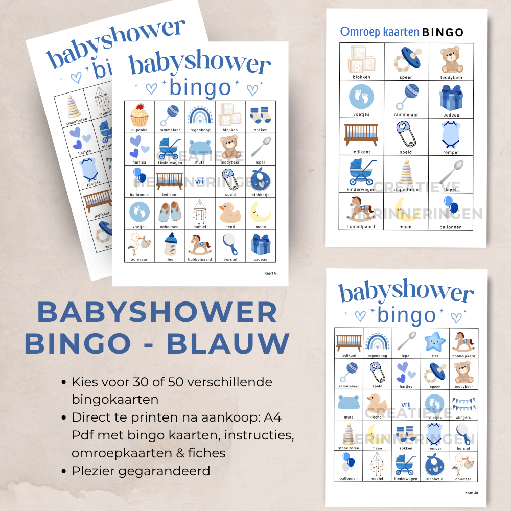 30 babyshower bingo kaarten voor een jongen in minimalistisch design