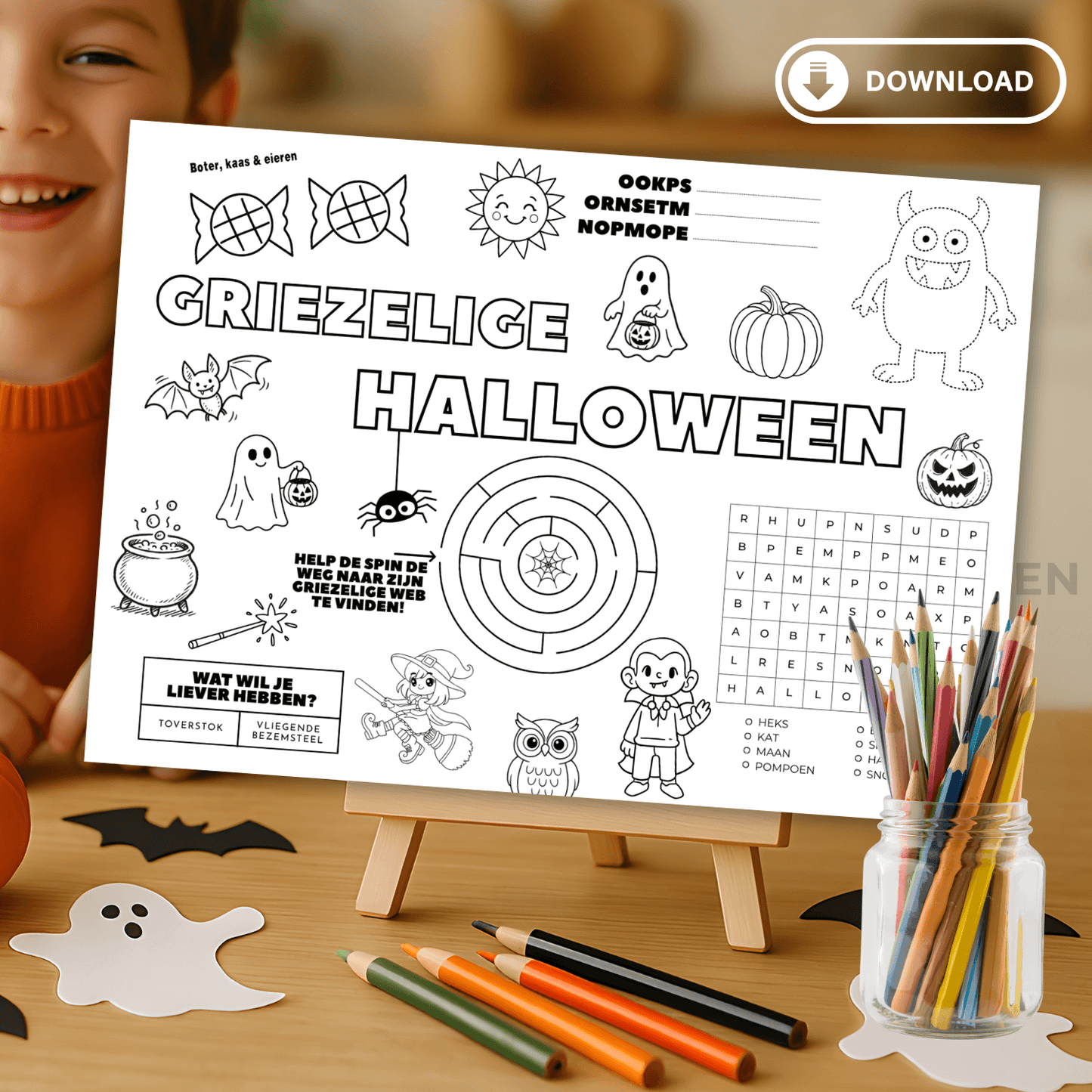 Spelletjes voor kinderen met Halloween op kleurplaat placemat om te downloaden