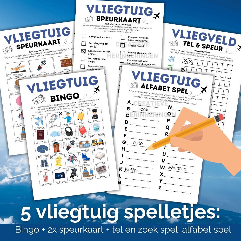 Vijf vrolijke vliegtuig spelletjes voor kinderen in één bundel om te printen