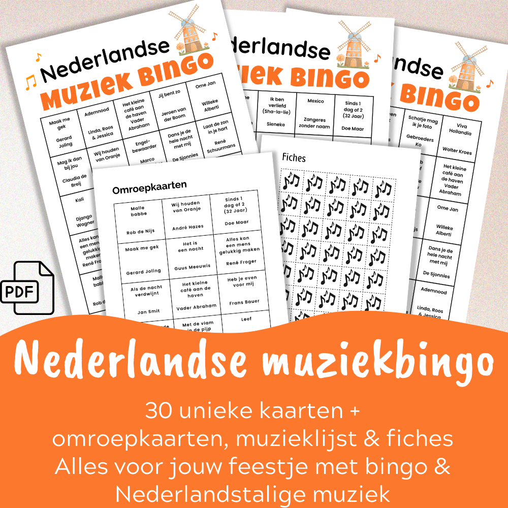 Nederlandstalige muziek bingo voor thuis of een feestje, inclusief bingo kaarten en meer voor 30 spelers