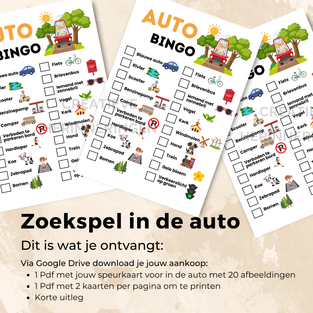 Auto spelletje waarbij kinderen zelfstandig of samen onderweg herkenbare dingen zoeken en afstrepen